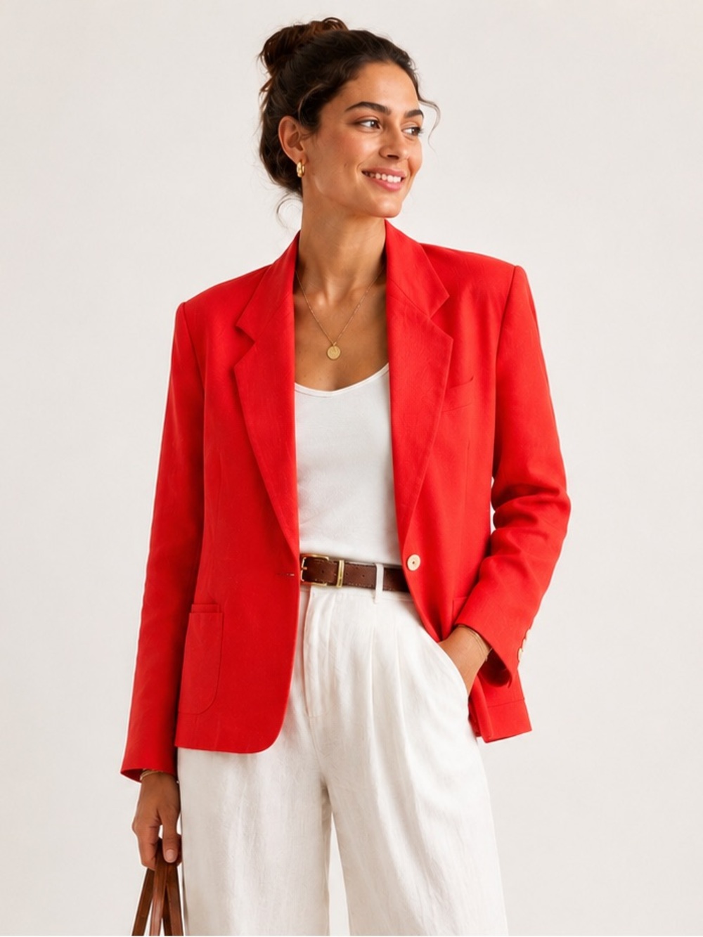 Vintage Lizzie Rubin Red Linen  Blazer Jacket Women’s 14 Oversized Single Button